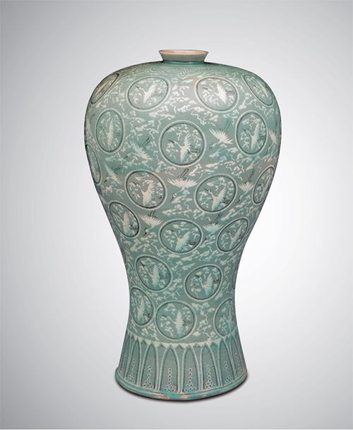 Celadon Prunus Vase with Inlaid Cloud and Crane Design (Goryeo, 12th Century)